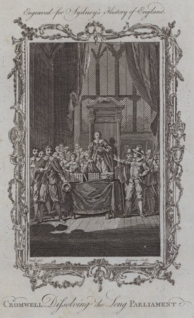 Cromwell Dissolving the Long Parliament (gravyr) av Samuel (after) Wale