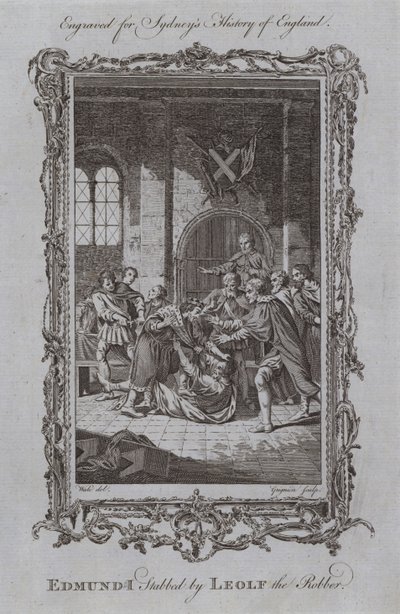 Edmund I knivhuggen av Leolf the Robber (gravyr) av Samuel (after) Wale