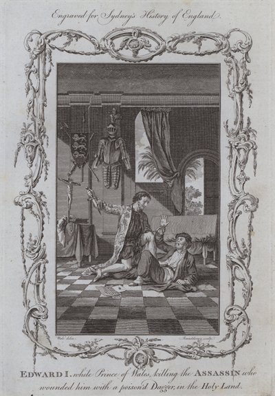Edward I, medan prins av Wales dödade lönnmördaren som skadade honom med en förgiftad dolk, i det heliga landet (gravyr) av Samuel (after) Wale