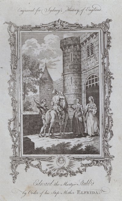 Edvard martyren knivhögg på order av sin styvmor Elfrida (gravyr) av Samuel (after) Wale