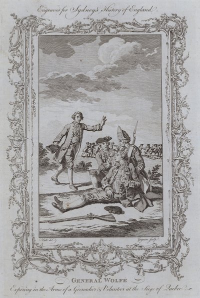 General Wolfe förfaller i armarna på en grenadjär och volontär vid belägringen av Quebec (gravyr) av Samuel (after) Wale