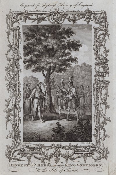 Hengest och Horsa möter kung Vortigern, på Isle of Thanet (gravyr) av Samuel (after) Wale