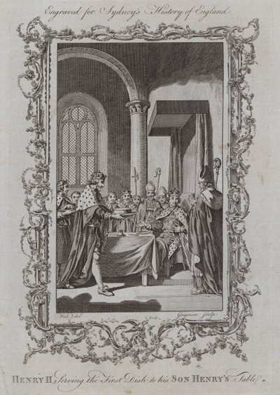 Henry II serverar den första maträtten till sin son Henrys bord (gravyr) av Samuel (after) Wale