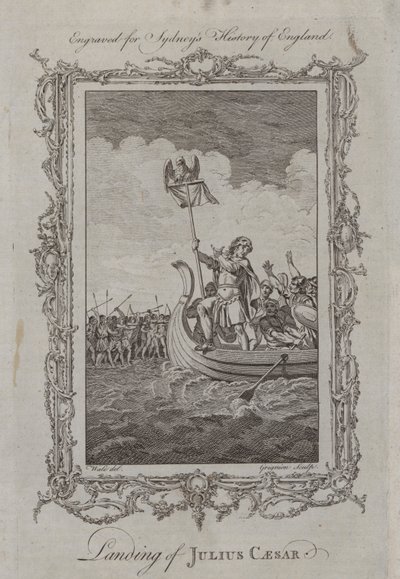 Landstigning av Julius Caesar (gravyr) av Samuel (after) Wale