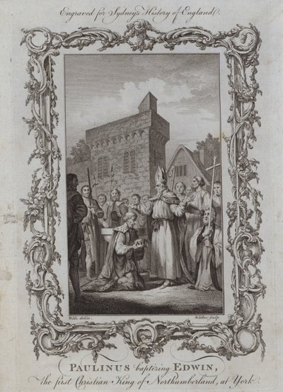 Paulinus döper Edwin, den första kristna kungen av Northumberland, i York (gravyr) av Samuel (after) Wale