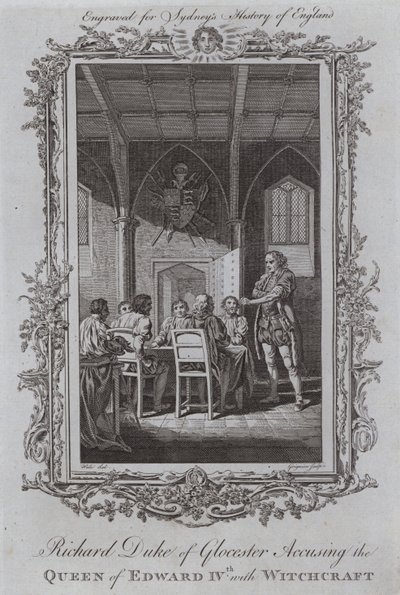 Richard hertig av Gloucester anklagar drottningen av Edward IV med häxkonst (gravyr) av Samuel (after) Wale