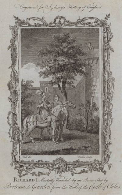 Richard I dödligt sårad av en pil skjuten av Bertram de Gourdon från murarna till slottet Chilus (gravyr) av Samuel (after) Wale