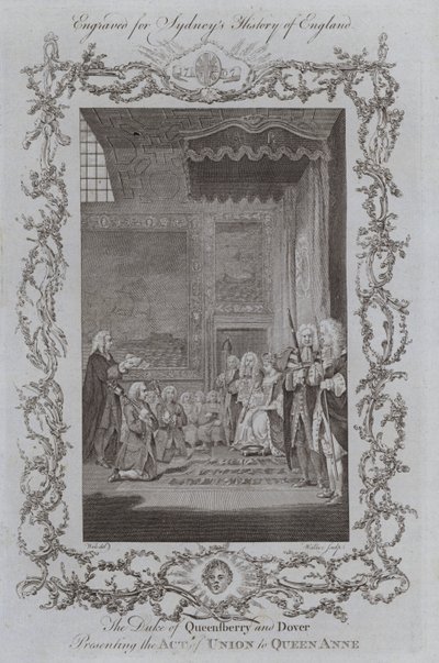 Hertigen av Queensberry och Dover presenterar unionsakten för drottning Anne (gravyr) av Samuel (after) Wale