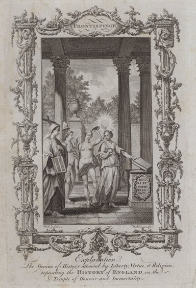 Historiens geni i närvaro av Liberty, Virtue och Religion, deponerar Englands historia i Temple of Honor and Immortality (gravyr) av Samuel (after) Wale