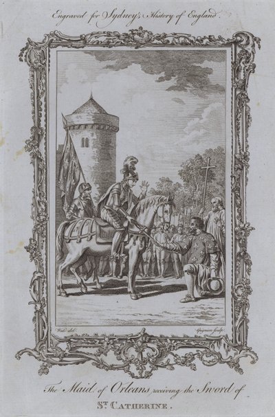 The Maid of Orleans tar emot St Catherines svärd (gravyr) av Samuel (after) Wale