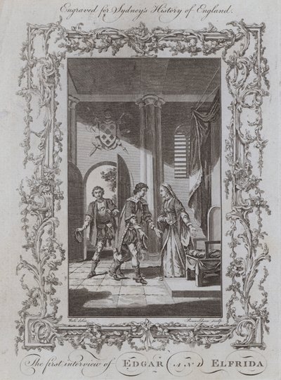 Den första intervjun av Edgar och Elfrida (gravyr) av Samuel (after) Wale