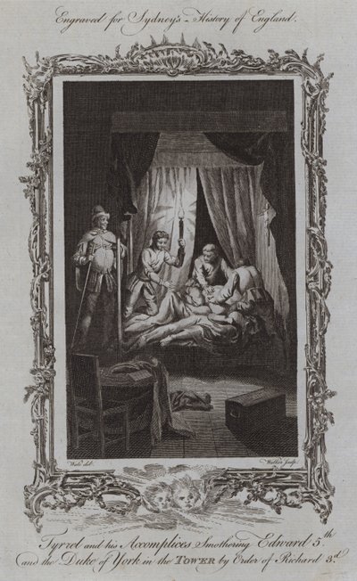 Tyrrel och hans medbrottslingar kväver Edward V och hertigen av York i tornet på order av Richard III (gravyr) av Samuel (after) Wale