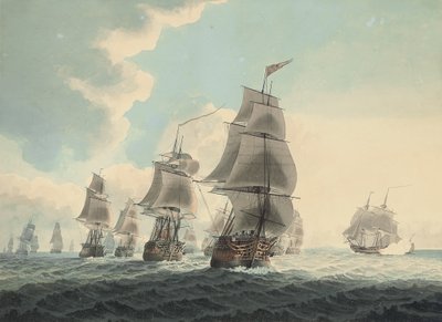 En skvadron från Royal Navy som springer nerför kanalen (penna, penna, svart bläck och akvarell på papper) av Samuel (attr. to) Atkins