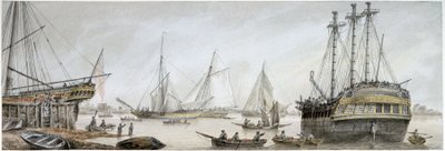 "Ett indiansk fartyg för reparation på Themsen, med en beskrivning av den ordinarie verksamheten vid Royal Shipyards i Deptford av Samuel Atkins