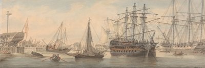 Krigsmän och annan sjöfart på Themsen (antagligen vid Deptford) av Samuel Atkins