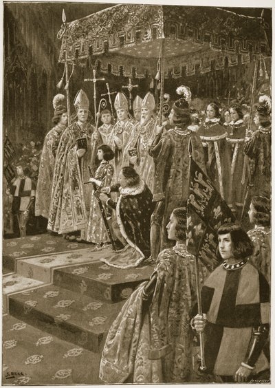 Överlämnandet av sporrar och svärd vid Henrik VI:s kröning på Sankt Leonard-dagen den 6 november 1429, från "The Illustrated London News", 1902 av Samuel Begg