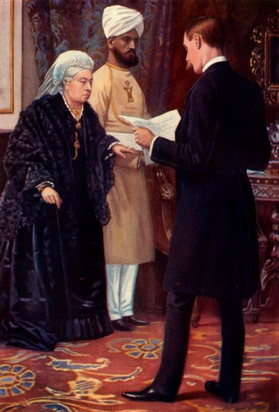 "Drottningen lyssnar på ett meddelande från fronten", 1900. av Samuel Begg