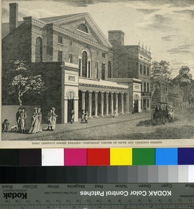 First Chestnut Street Theatre, Northeast Corner of Fifth and Chestnut Streets, ca 1820 (träsnitt) av Samuel Castner