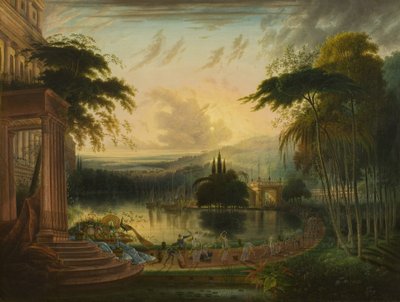 Ett romantiskt landskap med drottningen av Sabas ankomst av Samuel Colman