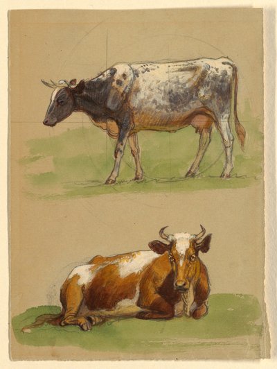Teckning, Nötkreatur, en ko som går och en ko som hukar sig, 1875-80 av Samuel Colman
