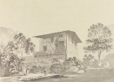 I byn nära Tassisudon [Tashicho Dzong] av Samuel Davis