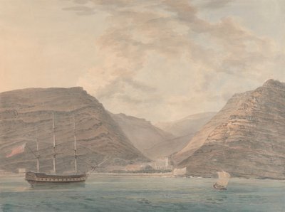 Man of War förtöjd i hamnen, berg i bakgrunden av Samuel Davis