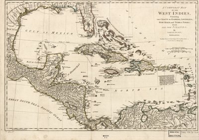 En komplett karta över Västindien som innehåller Floridas, Louisianas, Nya Spaniens och Terra Firmas kuster: Med alla öarna. av Samuel Dunn