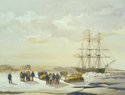 Kälkefest som lämnar H.M.S. Utredare i Mercy Bay, 15 april 1853, graverad av E. Walker, utgiven av Ackermann und Co., 1854 av Samuel Gurney Cresswell