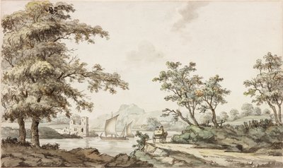 En flod med segelbåtar och en häst och vagn (bläck (svart) och akvarell på papper) av Samuel Henry Alken