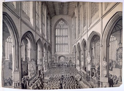 Utsikt från den östra änden av det inre av Bath Abbey, med församling av Samuel Hieronymous Grimm
