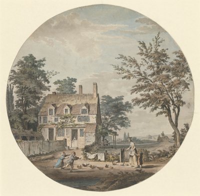 Landskap med stuga, bro och figurer av Samuel Hieronymus Grimm