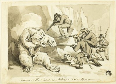 Sjömän på valfisket som dödar en isbjörn (recto); Skal (verso) av Samuel Howett