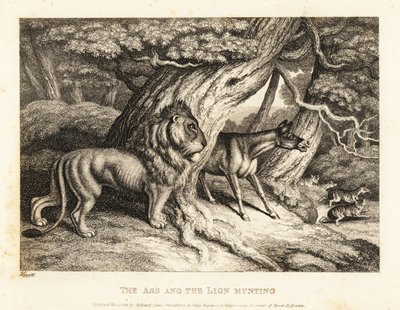 En åsna brasar högt mot byten medan den jagar med ett lejon. 1811 (etsning) av Samuel Howitt
