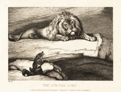 En räv närmar sig dåraktigt en lejonhane i sin håla. 1811 (etsning) av Samuel Howitt