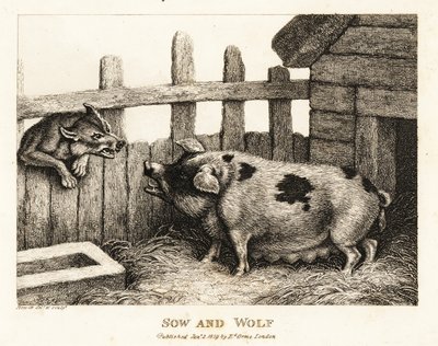 En stor sugga i en grisstall morrande mot en varg. 1811 (etsning) av Samuel Howitt