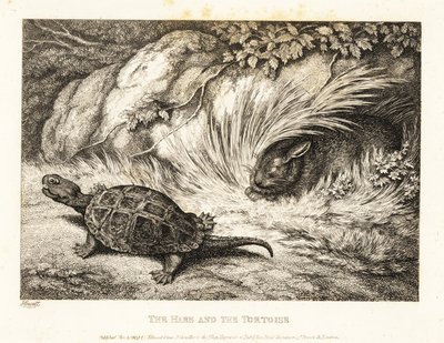 En sköldpadda kör om en sovande hare i ett lopp. 1811 (etsning) av Samuel Howitt