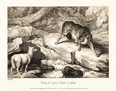 En varg som försöker rättfärdiga att döda ett lamm nära en flod. 1811 (etsning) av Samuel Howitt