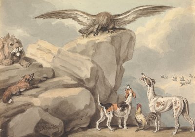 En örn på en klippa; lejon, räv, två jakthundar och en tupp (möjligen för ”Aisopos fabler”) av Samuel Howitt