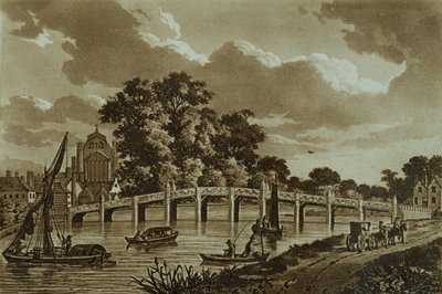 Hampton Court Bridge, illustration från "pittoreska vyer av Themsen", pub. 1799 (etsning, akvatint) av Samuel Ireland