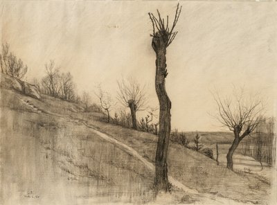 Senvinterlandskap, 1884 (kol på gulfärgat papper) av Samuel Isham