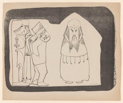 Fantasy: vänster tre figurer till höger, höger en frontal kinesisk-liknande figur av Samuel Jessurun de Mesquita (signed by artist)