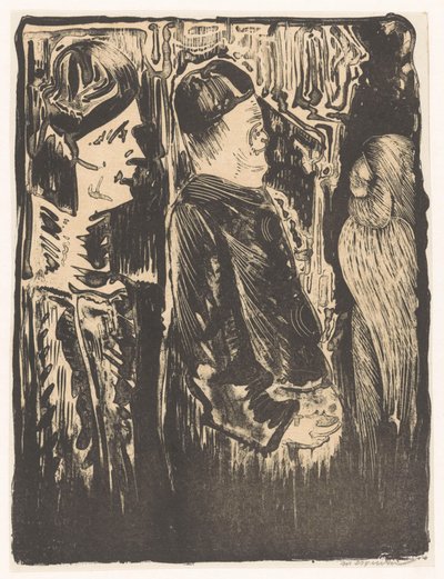 Fantasy: till vänster två figurer med hattar till höger, till höger ett repigt utseende med fjäderdräkt av Samuel Jessurun de Mesquita (signed by artist)