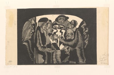 Grupp av figurer i en båge Visionär fantasi: grupp av figurer, ingående i en bågform, upptill i mitten av en frontal man med en hatt av Samuel Jessurun de Mesquita (signed by artist)
