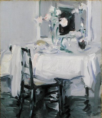 En interiör med rosor i en vas på ett bord (olja på duk) av Samuel John Peploe