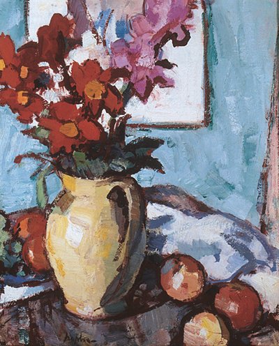 Dahlior och Gladioler (olja på duk) av Samuel John Peploe