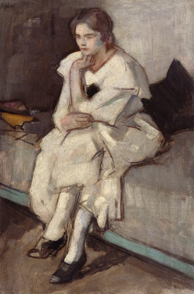 Flicka i vit klänning (olja på duk) av Samuel John Peploe