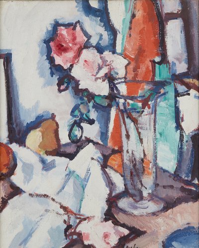 Stilleben av rosor och päron (olja på duk) av Samuel John Peploe