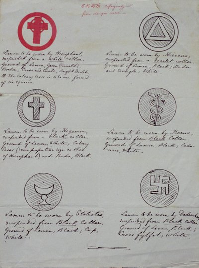 Design för lamens (kragejuveler) för de olika officerarna i ett Golden Dawn Temple, 1888 (bläck på papper) av Samuel Liddell MacGregor Mathers