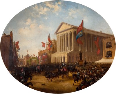 Hertigen av Cambridge lämnar rådhuset, Birmingham, 1857. av Samuel Lines