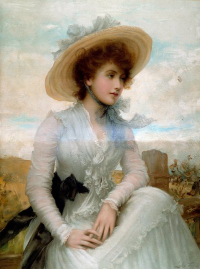 Porträtt av en ung kvinna med en stråhatt Tryck av Samuel Luke Fildes (1843-1927) 1800-talets Paris, dekorativ konst av Samuel Luke Fildes